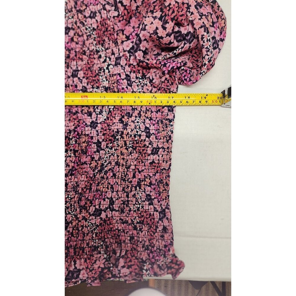 Vince Camuto  Pink Floral Smocked Square Neck Long Sleeve Blouse With Ruffle Hem - Picture 9 of 11